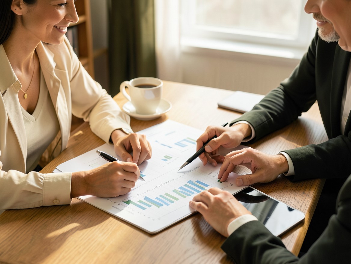 Asesora revisando un plan financiero con sus clientes